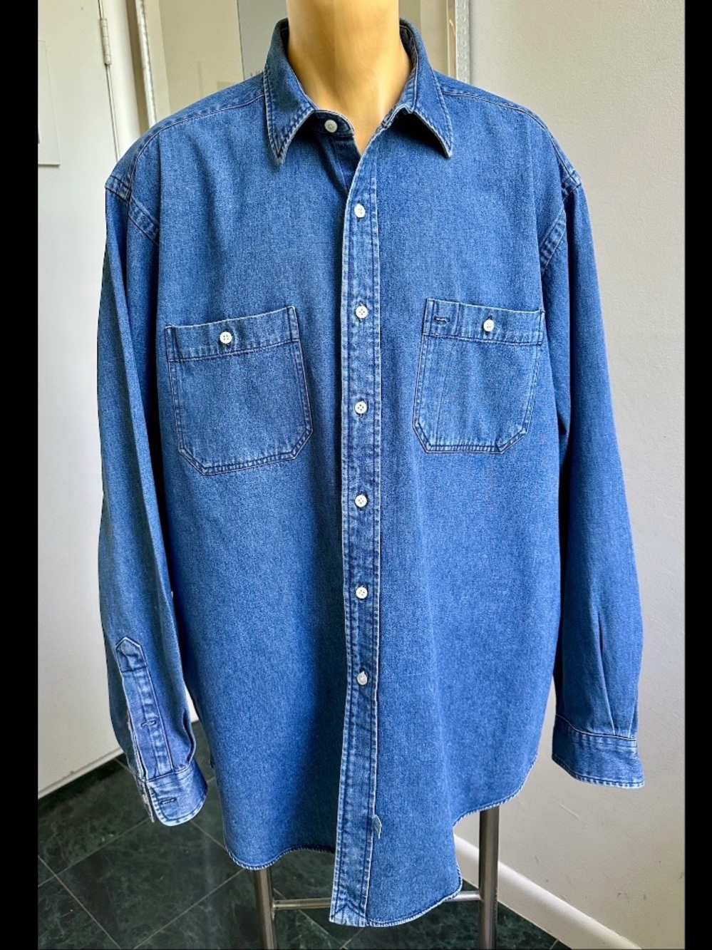 VINTAGE 1990s POLO RALPH LAUREN 100% COTTON HEAVY BLUE DENIM SHIRT SINGAPORE XL